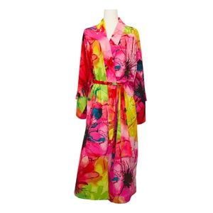 Natori Kimono Robe Silky Soft Slinky Vibrant Watercolor Floral Like New Size L